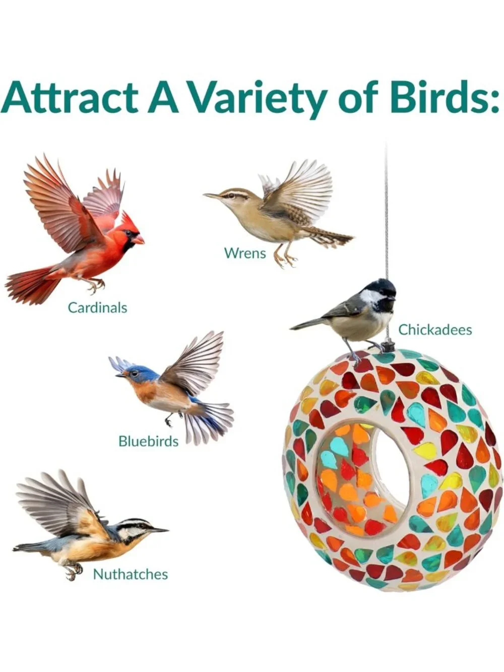 Colorful 6-Inch Glass Mosaic Hanging Bird Feeder - Outdoor Fly-Through Feeder